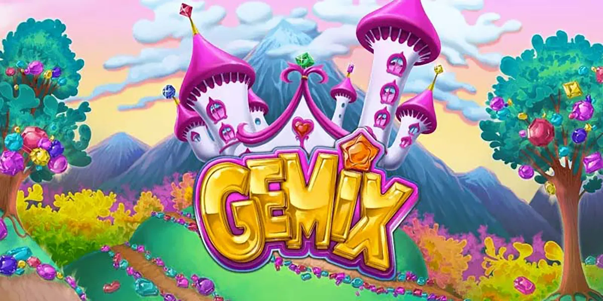 Colourful “GEMiX” slot-style splash image featuring a pink fairytale castle with gem-tipped towers, sparkling jewel trees, and a pastel mountain landscape behind the golden game logo.