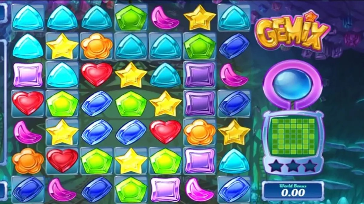 Screenshot of the GEMiX match-3 puzzle game showing a grid of colourful gem tiles (stars, hearts, triangles, squares, and pentagons) with the GEMiX logo and a side panel displaying the score meter and bonus counter.