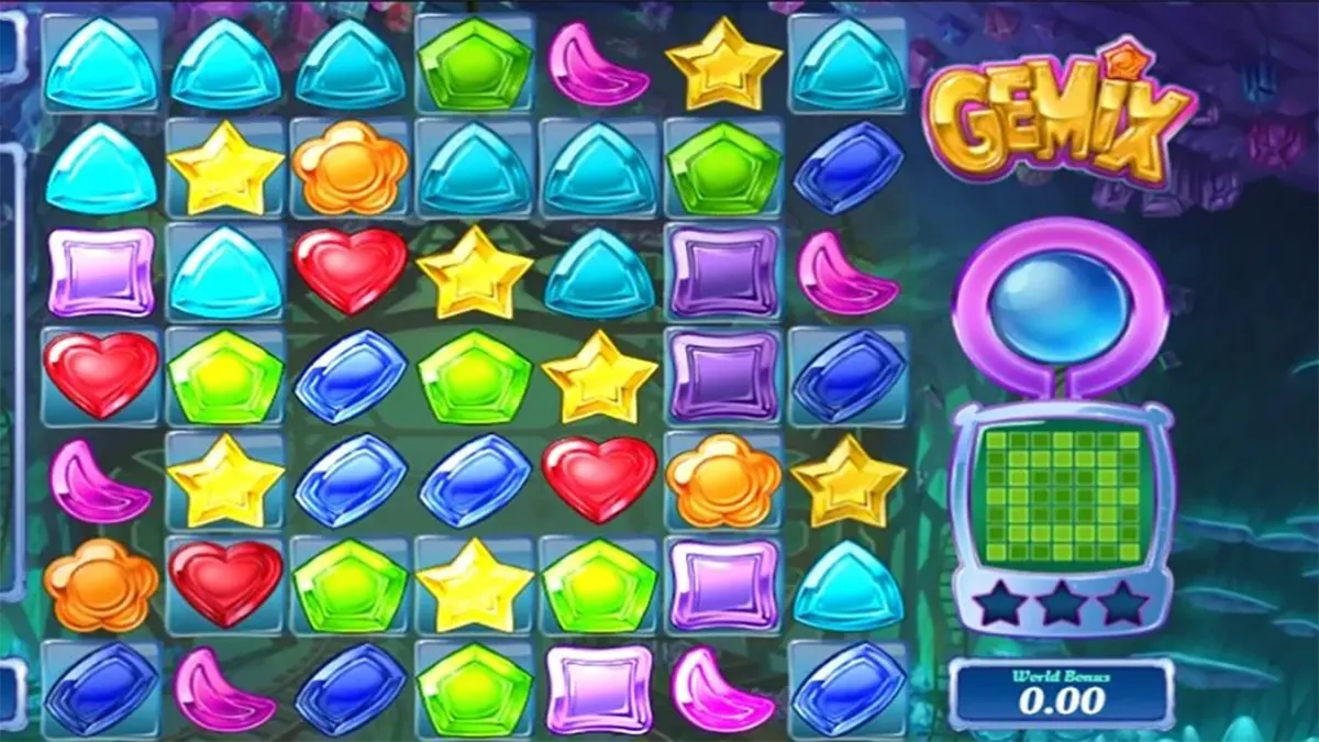 Screenshot of the GEMiX match-3 puzzle game showing a grid of colourful gem tiles (stars, hearts, triangles, squares, and pentagons) with the GEMiX logo and a side panel displaying the score meter and bonus counter.